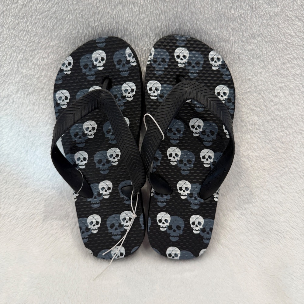 Kids Black Skull Print Flip Flop Sandals Thong Summer Shoes Size 11-12